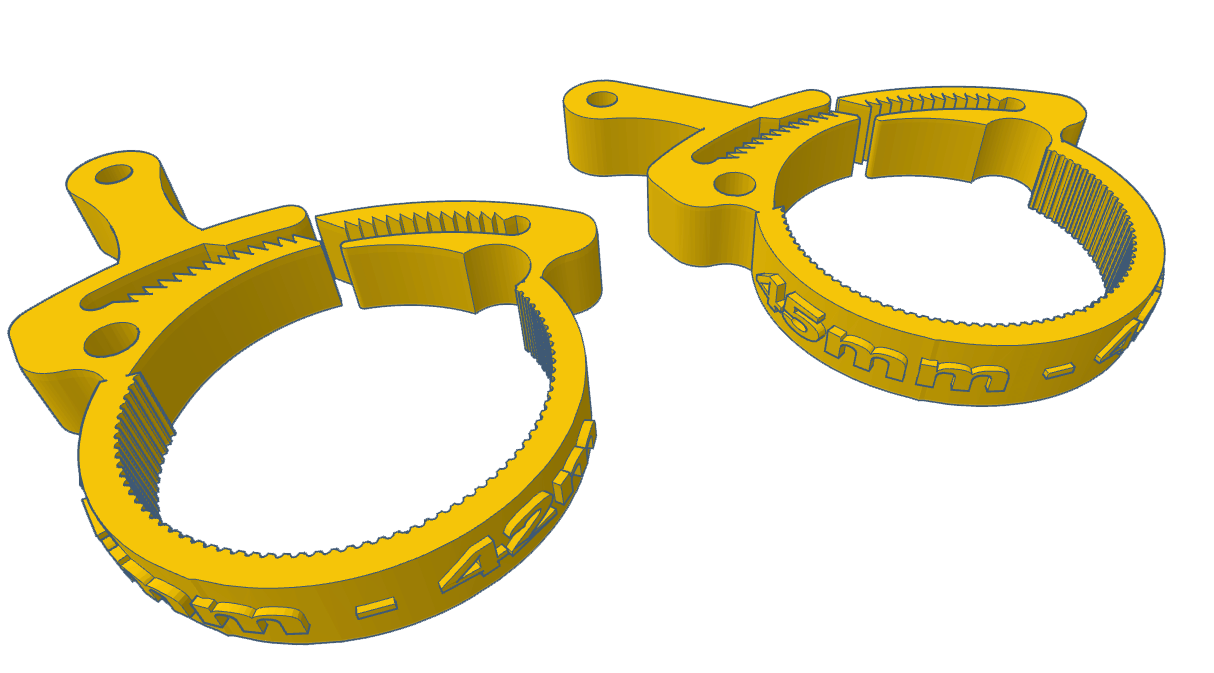 Two yellow firearm accessory clamps designed for securing components with a 45mm diameter.