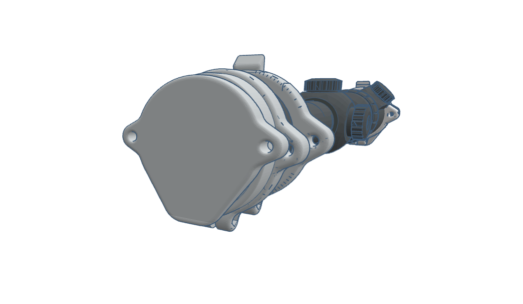 Gray firearms accessory component with a cylindrical attachment and adjustment knob.