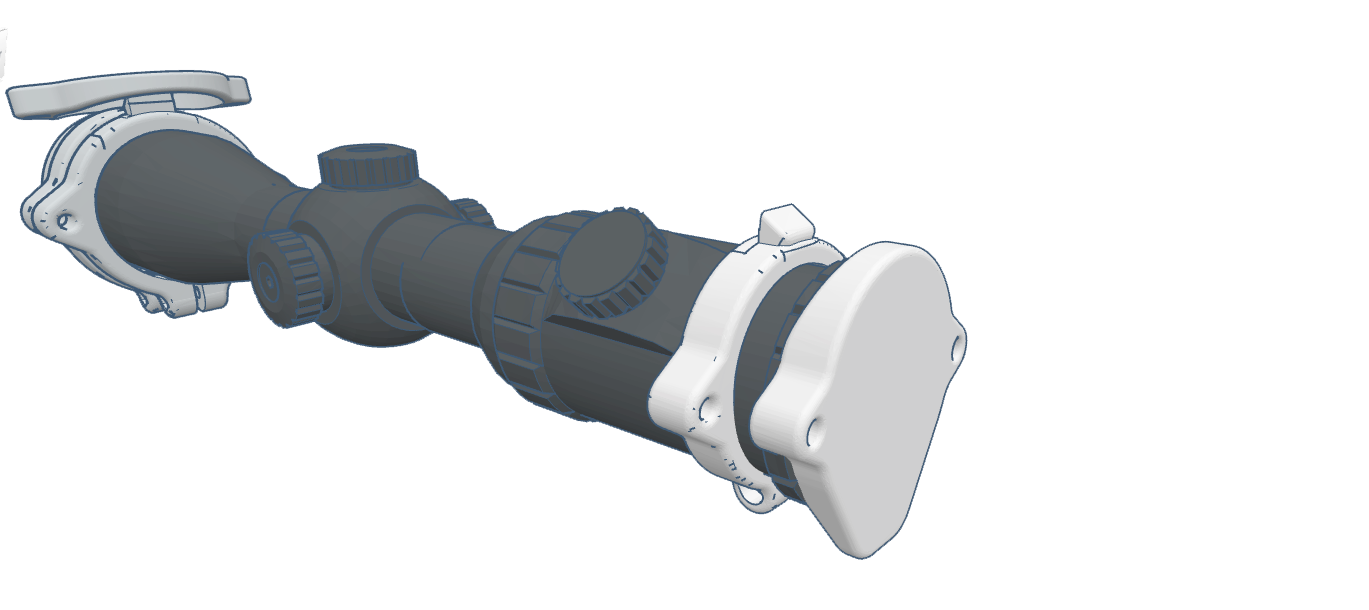 3D rendering of a firearms scope with adjustable knobs and mounting features.