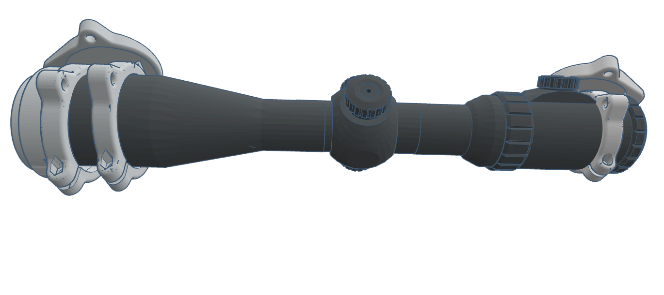 Black rifle scope featuring adjustable knobs and mounting rings for firearm attachment.