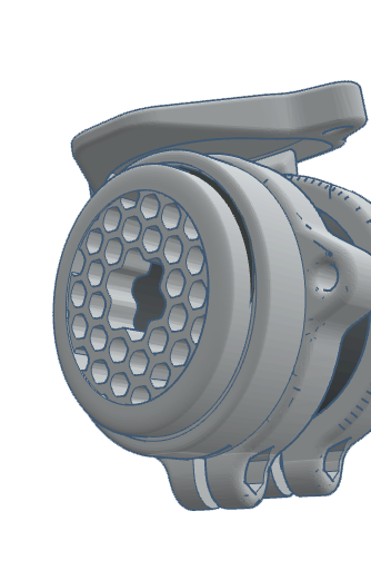 3D rendering of a firearm accessory component with a hexagonal pattern and a mounting feature.