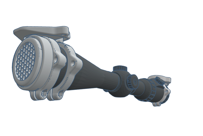 3D rendering of a firearms accessory featuring a cylindrical body and detailed components.