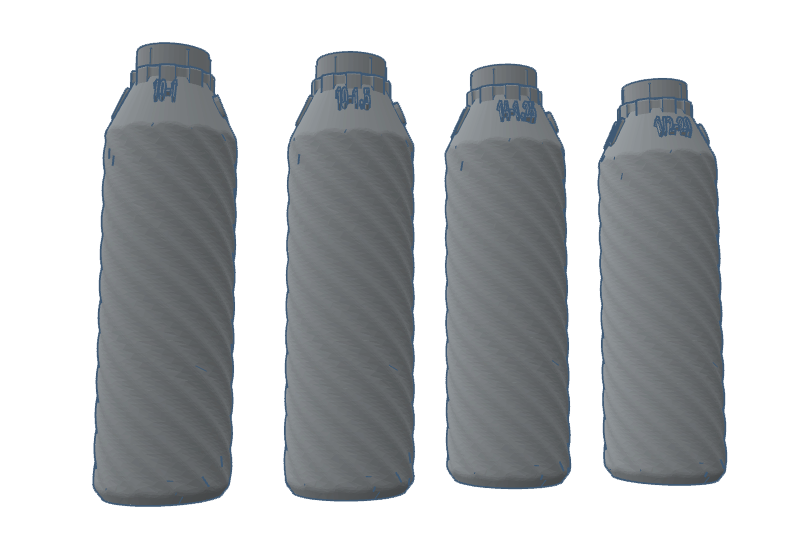 Four gray tactical water bottles with a textured surface and screw-on lids displayed in a row.