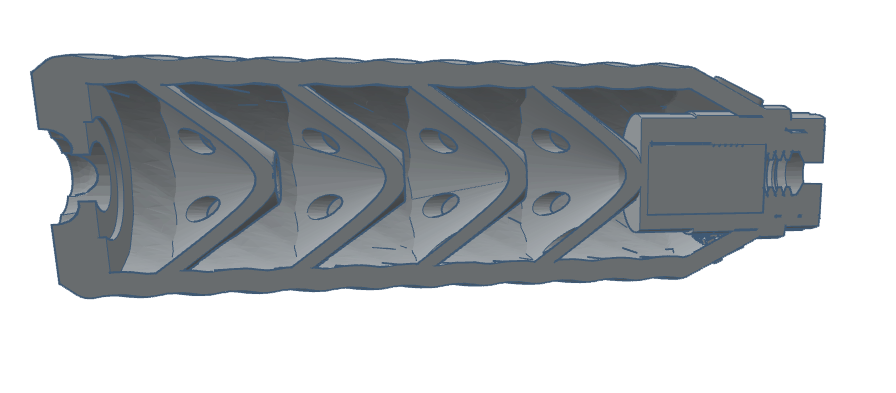 Detailed illustration of a firearms accessory component with a textured surface and connector.