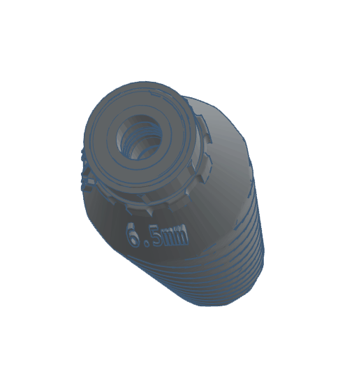 A 6.5mm firearms accessory with a threaded opening and ribbed body design.