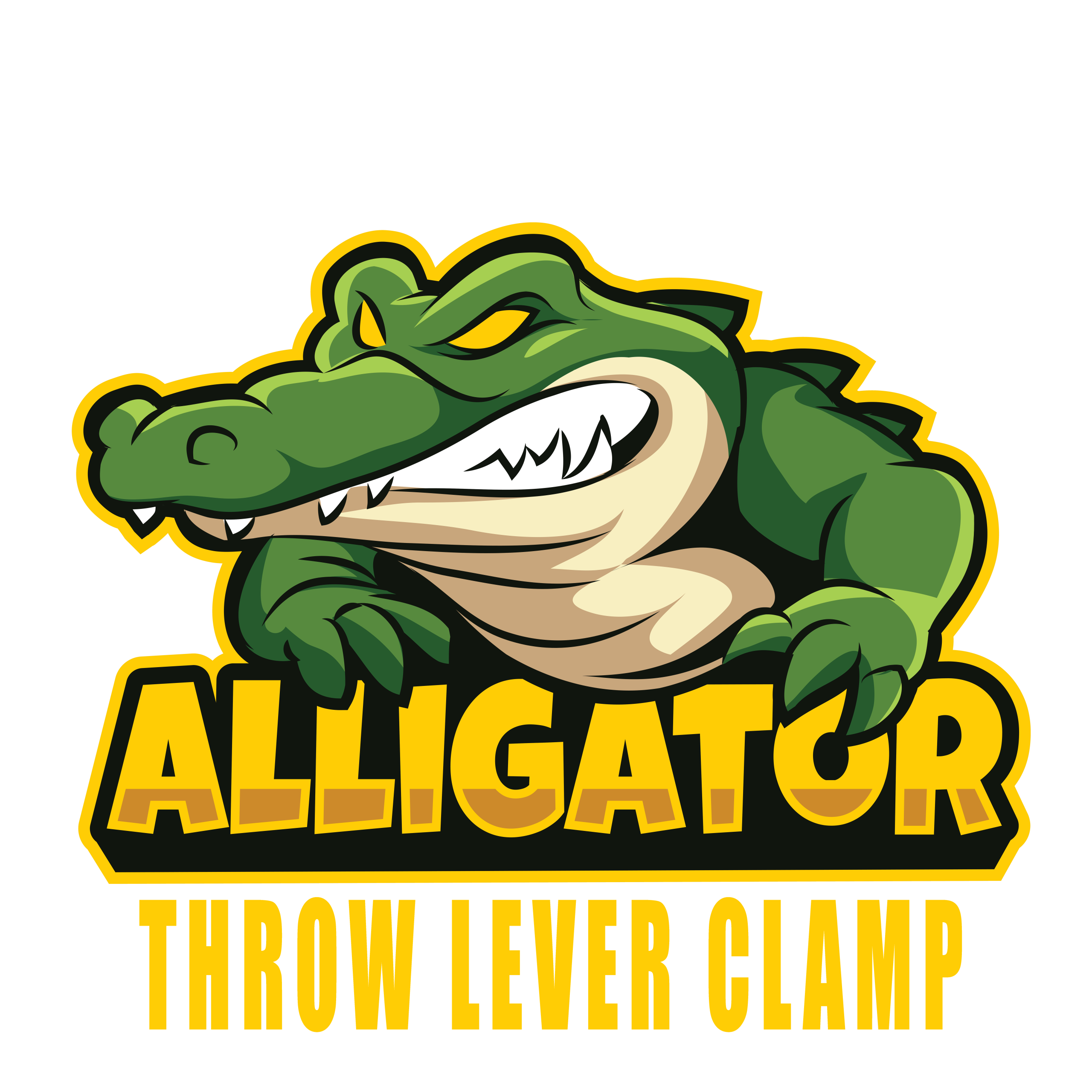 Cartoon-style alligator mascot with a fierce expression and the text 'Alligator Throw Lever Clamp'.