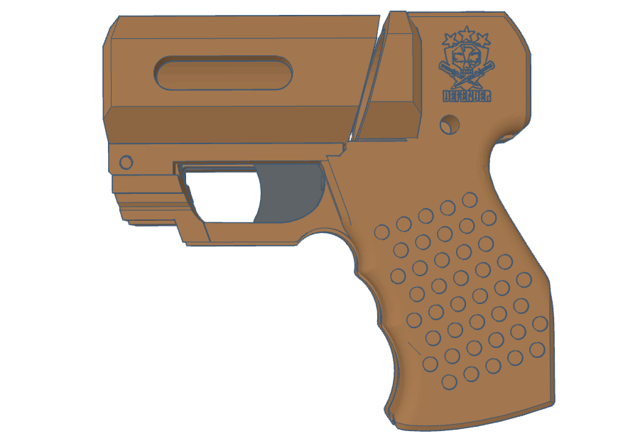 Illustration of a Defender pistol with a textured grip and logo on the side.