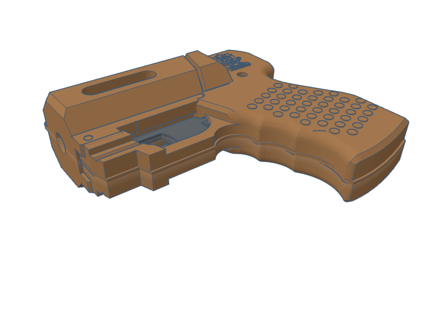 3D rendering of a handgun grip with textured surface and trigger area.
