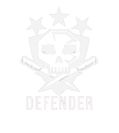 Defender logo featuring a skull, crossed swords, and stars in a white design.