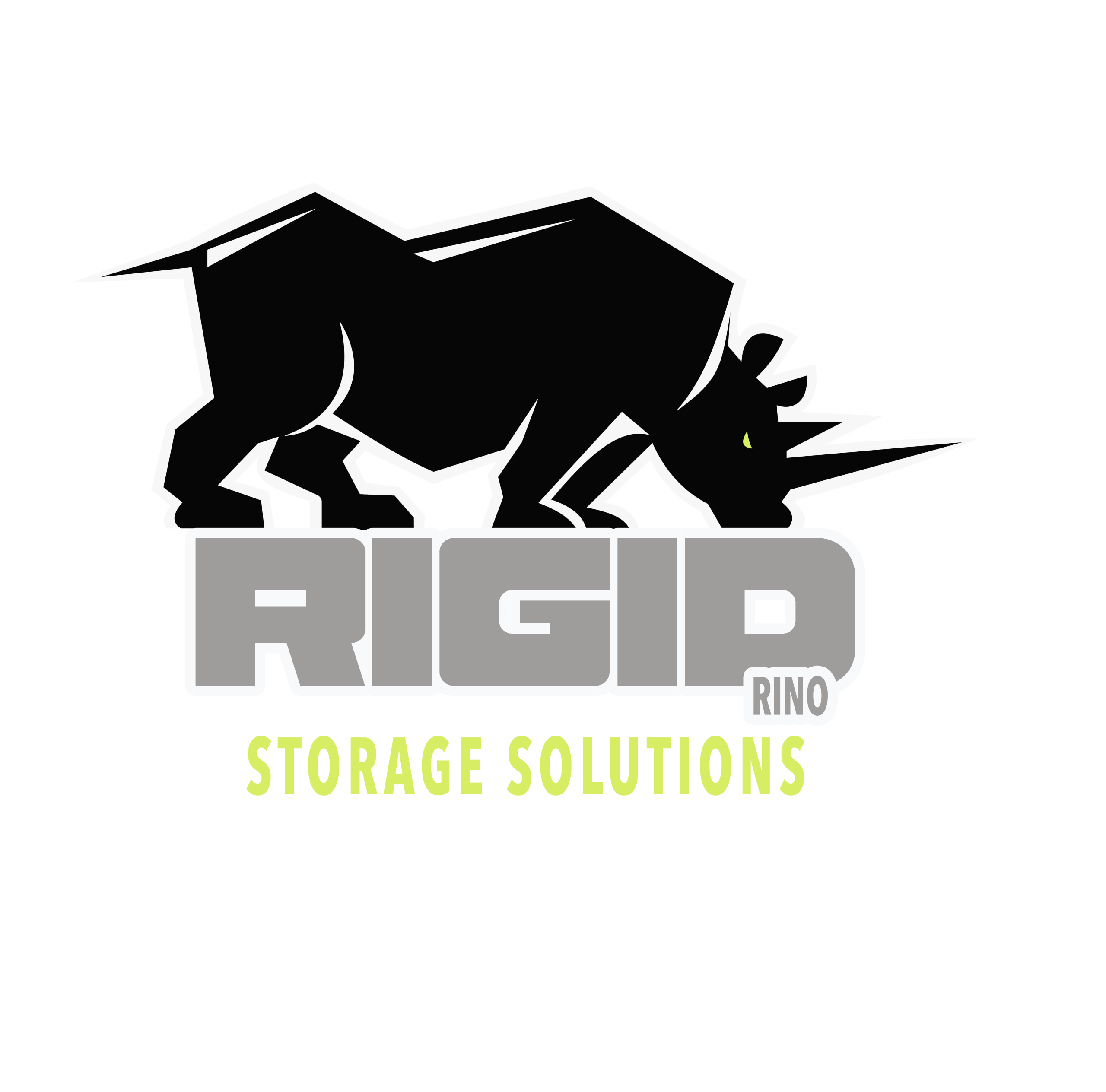 Logo of Rigid Rino featuring a stylized rhinoceros and the text 'Rigid Storage Solutions'.