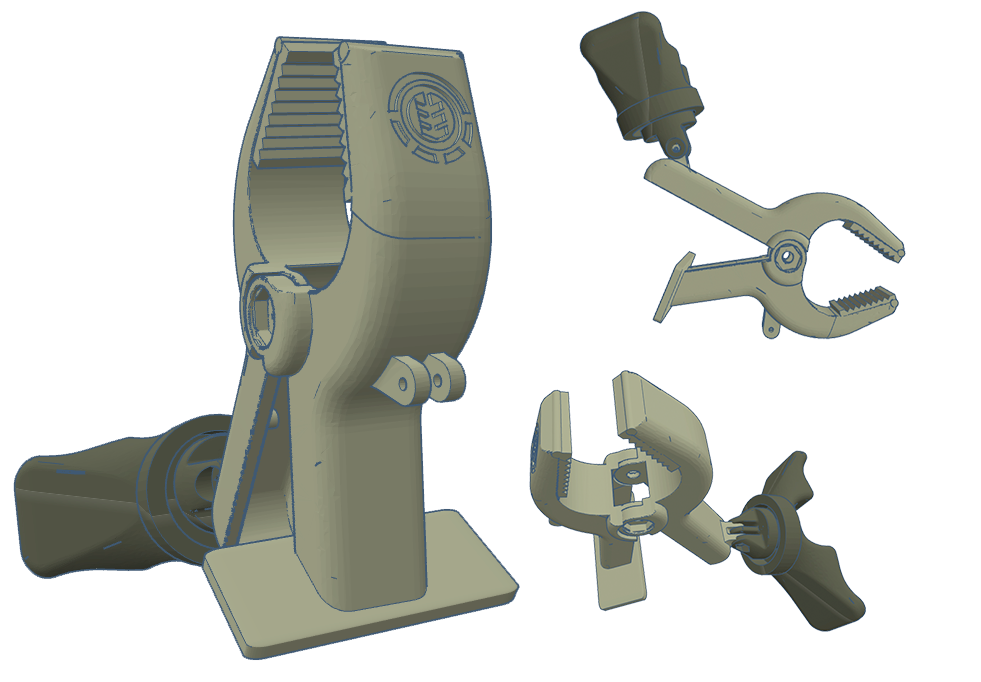 3D rendering of a firearms accessory clamp tool with detachable parts.