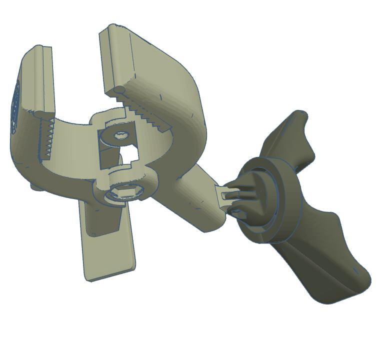 3D rendering of an adjustable clamp component with a tightening knob and gripping jaws.