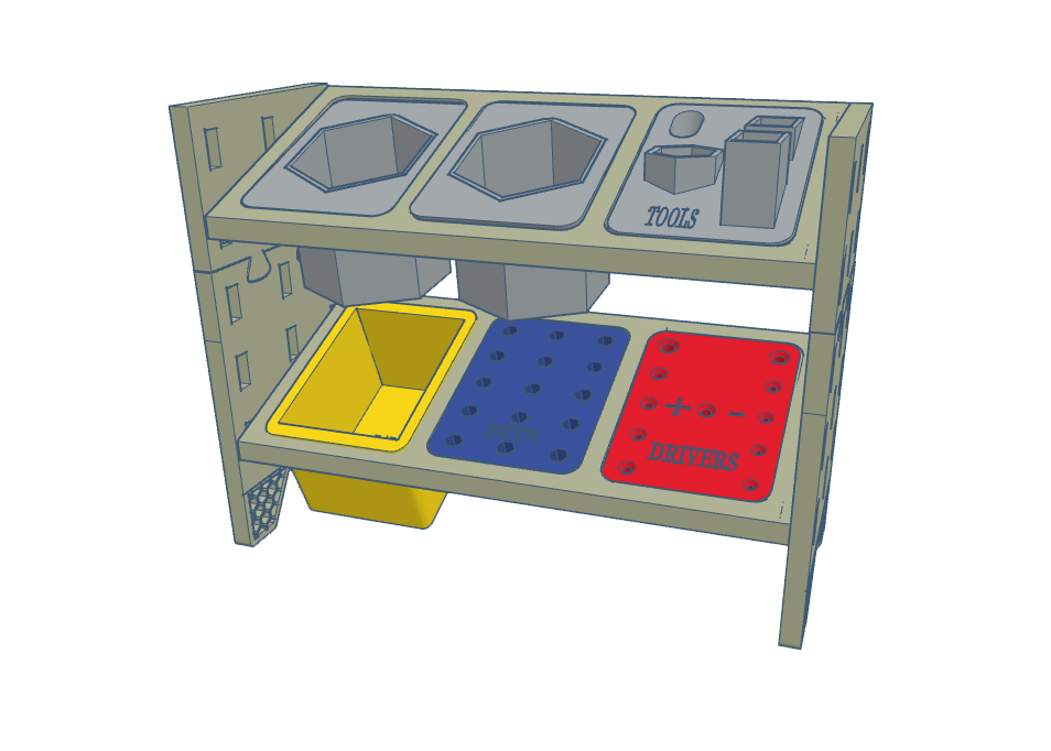 Storage unit with multiple compartments for organizing tools and materials in various shapes and colors.