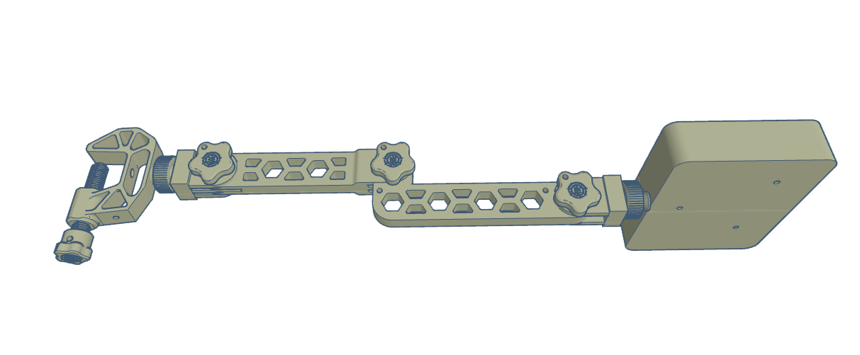 3D rendering of an adjustable firearms accessory mounting arm with multiple joints and clamps.