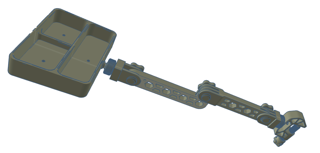 Adjustable firearms accessory holder with a rectangular container and articulated arm for mounting.