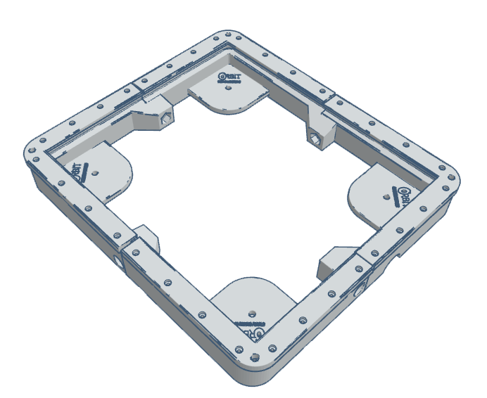 3D rendering of a firearms accessories mounting plate with multiple attachment points.