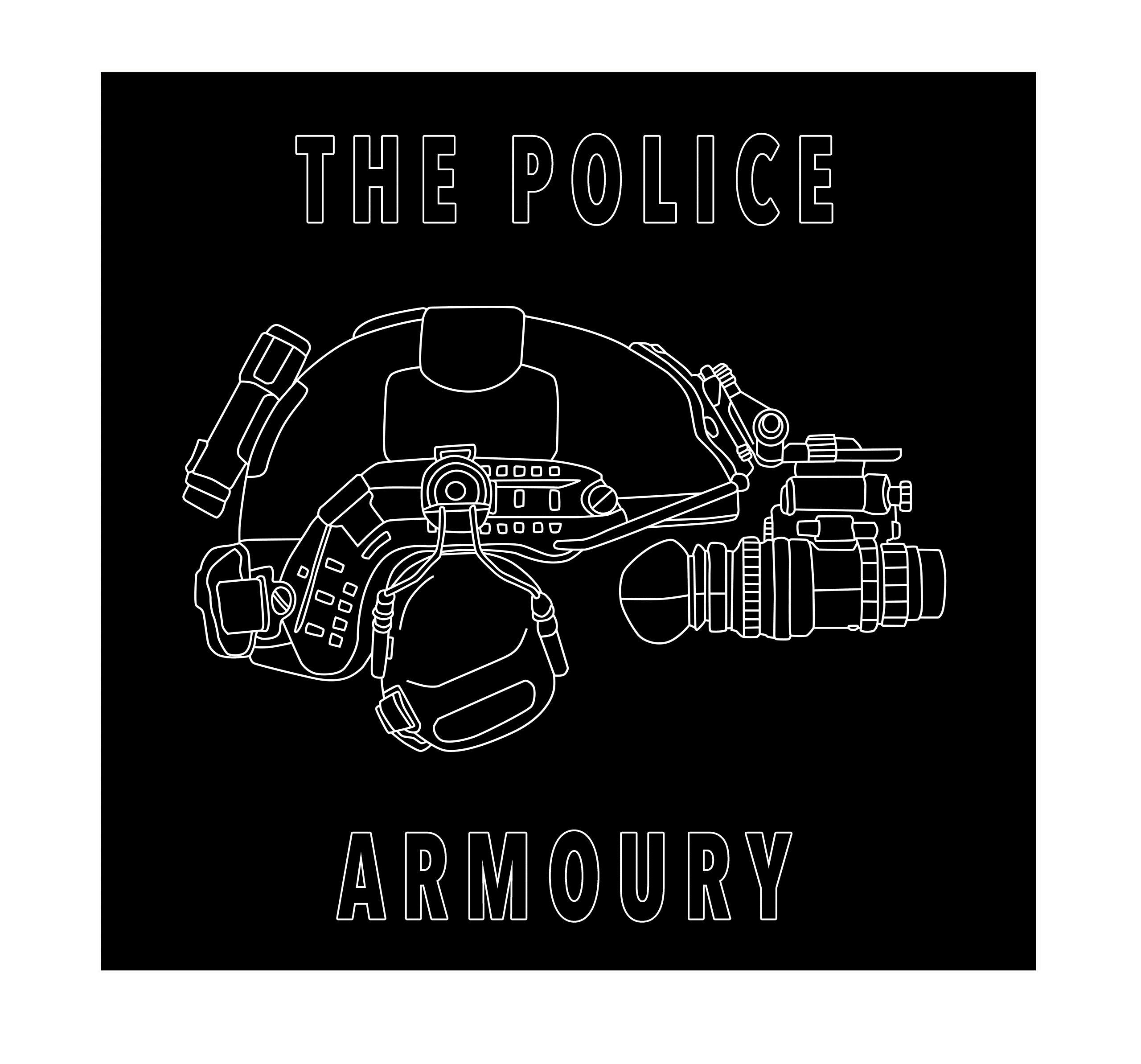Illustration of police armoury equipment including a headset and tactical gear.