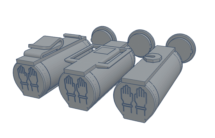 Three 3D renderings of firearms accessories with distinct designs and features.