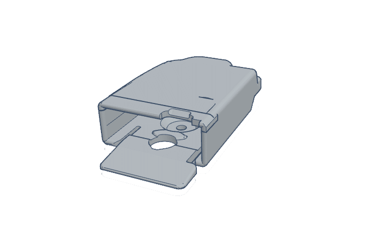 3D rendering of a firearms accessory component with an open lid and a circular opening.