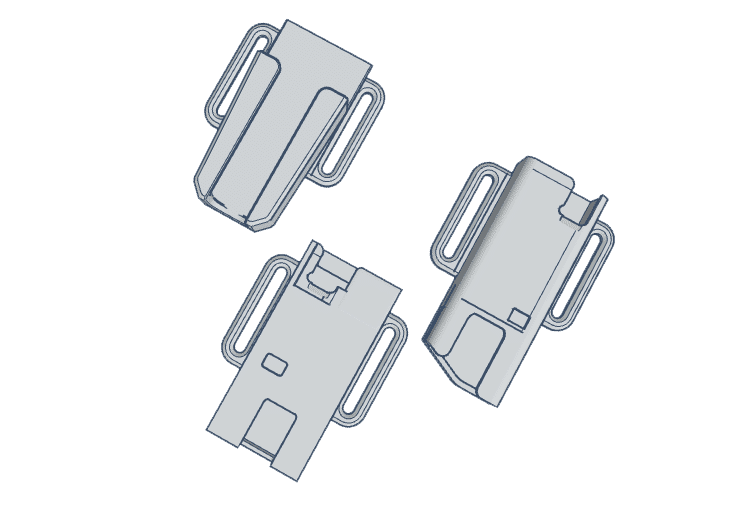 Three firearm accessory clips displayed from different angles in a neutral design.