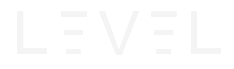 White logo design featuring the word 'LEVEL' in a modern font on a black background.