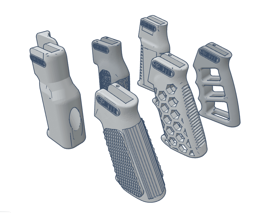 Collection of six firearm grip designs displayed in a neutral arrangement.