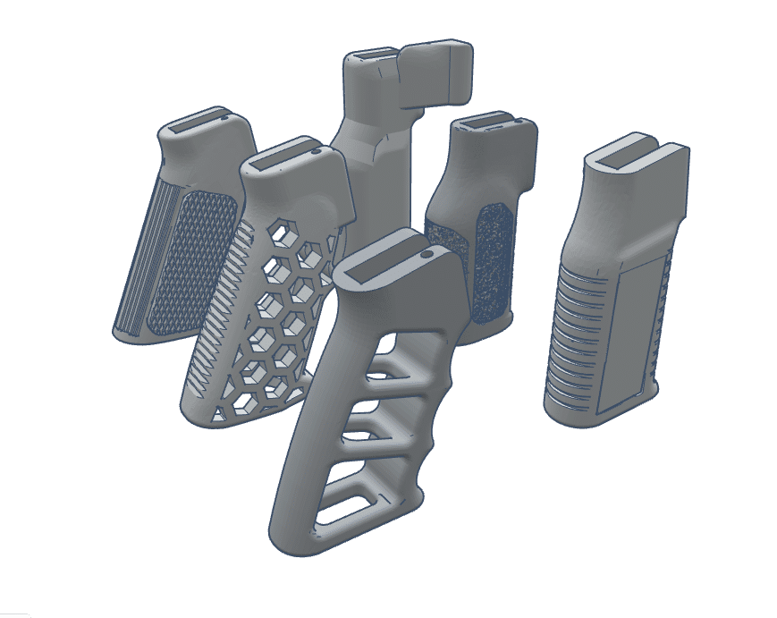 Collection of six different firearm grips displayed in a neutral arrangement.