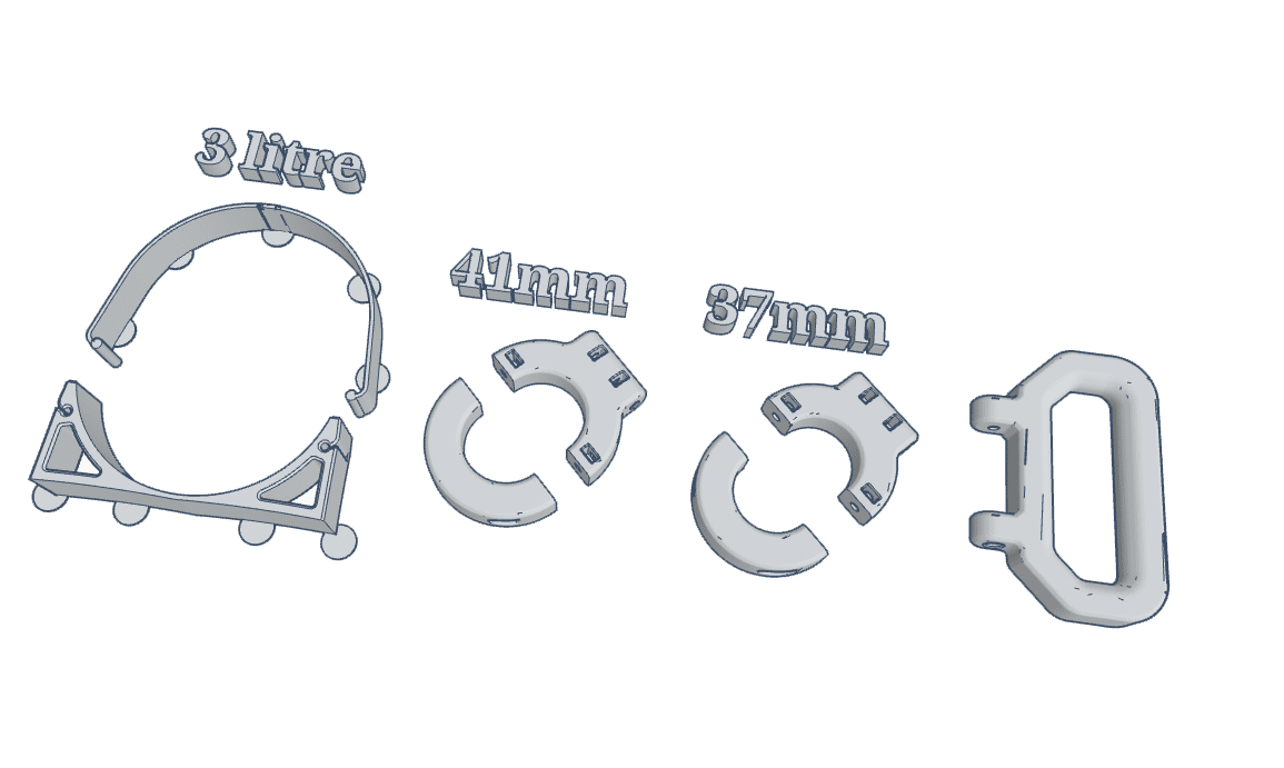Various firearm accessory components including a 3-litre holder and two different sized rings.