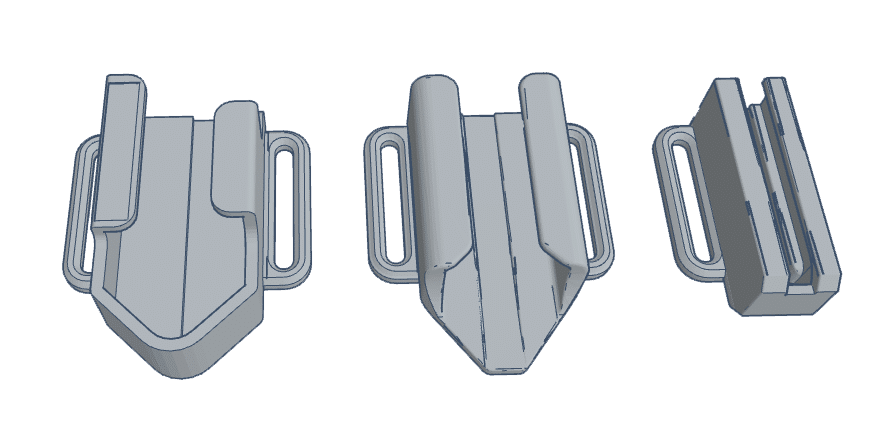 Three 3D models of firearm accessory components displayed side by side.