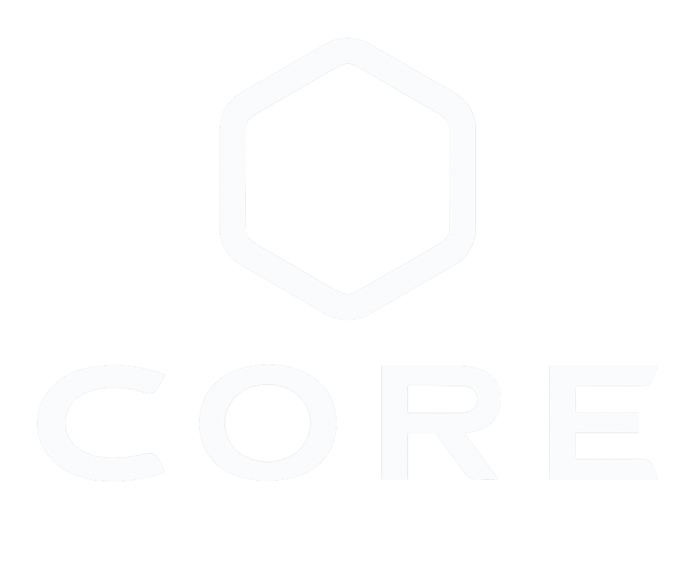White logo of Core featuring a hexagon shape and the word 'CORE' in bold letters.