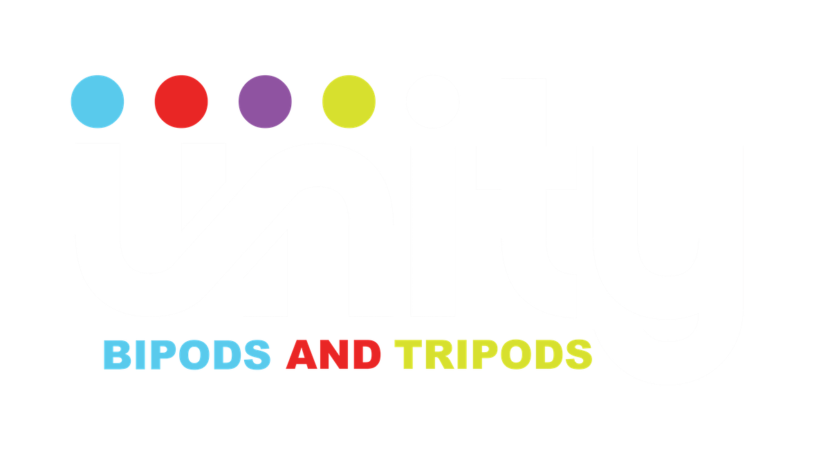 Logo of Unity featuring the words 'Bipods and Tripods' in a stylized font with colored dots.