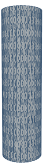 Cylinder with a blue and white abstract pattern featuring vertical lines and shapes.