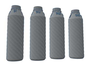Four gray tactical water bottles with a textured surface and screw-on lids displayed in a row.