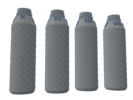 Four gray tactical water bottles with a textured surface and screw-on lids displayed in a row.