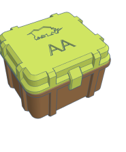 A green and brown storage box featuring an embossed AA marking on the lid.