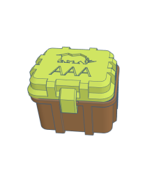 Brown storage box with a green lid featuring an illustration and the letters AAA on top.