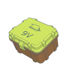 A 3D illustration of a 9V battery storage box with a green lid and brown base.