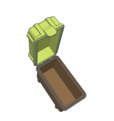 An open storage box featuring a green lid and a brown interior, viewed from above.
