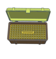 Open storage box with a yellow lid and multiple compartments for organization.