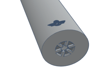 A cylindrical airgun silencer with a logo and a vented end.