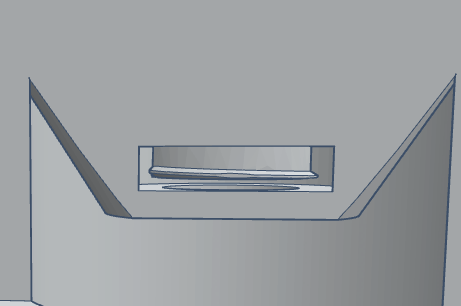 3D rendering of a mechanical component with a rectangular opening and a circular base.