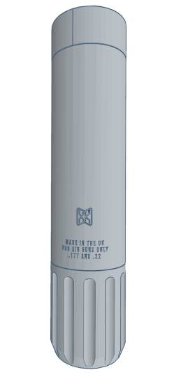 Air gun silencer designed for .177 and .22 caliber air guns, marked 'Made in the UK'.